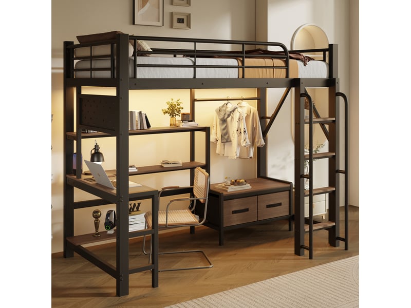 Lit mezzanine 90 × 200 cm avec bureau, étagères, tiroirs en tissu, led, usb et rangements pour chambre d’enfant - Conforama B