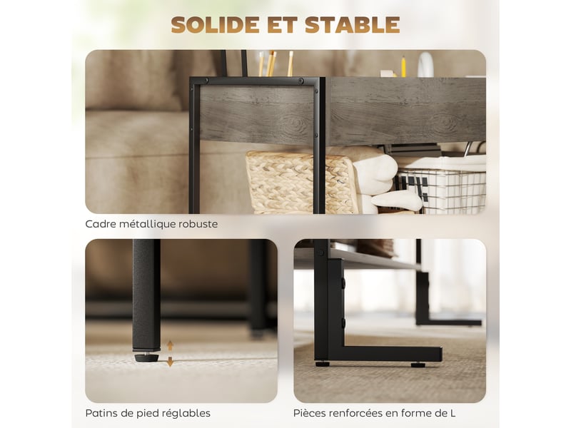  Table basse avec plateau relevable, table de salon avec compartiment caché et étagère ouverte, gris, 95x40x59cm  - Conforama W