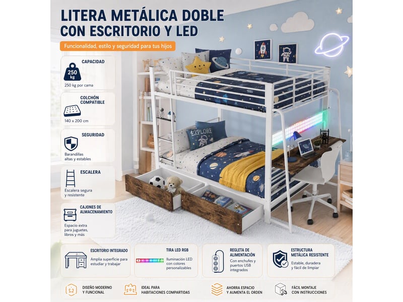  Lit superposé métal 2 x 140 x 200 cm avec bureau, led rgb, prise eu, usb et type-c, 2 tiroirs, garde-corps, blanc  - Conforama E