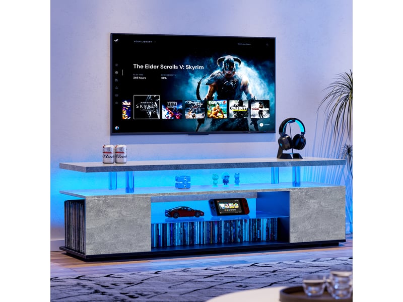  Meuble tv 60 pouces, meuble tv gaming led avec rangements, console multimédia gris et noir en mdf, 130x40x48 cm.  - Conforama W