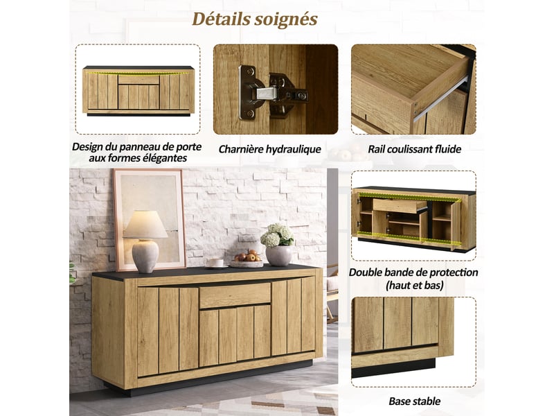  Buffet bas 140 x 40 x 60 cm effet bois et noir, 4 portes sans poignée et 1 tiroir, meuble de rangement pour salon et séjour et salle à manger  - Conforama E