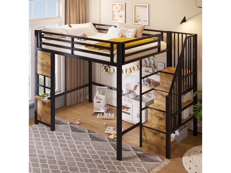  Lit mezzanine 140x200 cm, lit enfant, rangement, échelle sécurisée, barrière antichute, bois et métal noir  - Conforama D