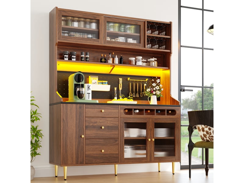  Haut meuble de cuisine 145x39x171 cm marron en mdf et verre, rangement réglable avec éclairage led  - Conforama B
