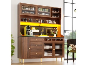 Haut meuble de cuisine 145x39x171 cm marron en mdf et verre, rangement réglable avec éclairage led