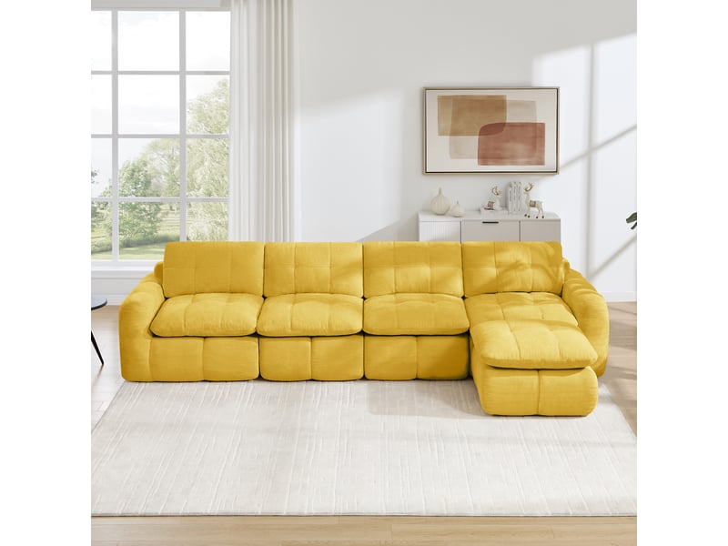 Canapé d'angle en l 4 places sans cadre, canapé modulaire, housse chenille jaune, sans montage, 1 pouf pour salon et appartements - Conforama B