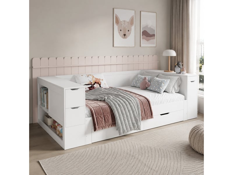 Lit avec rangement 90x200 cm blanc avec table de chevet - Conforama E