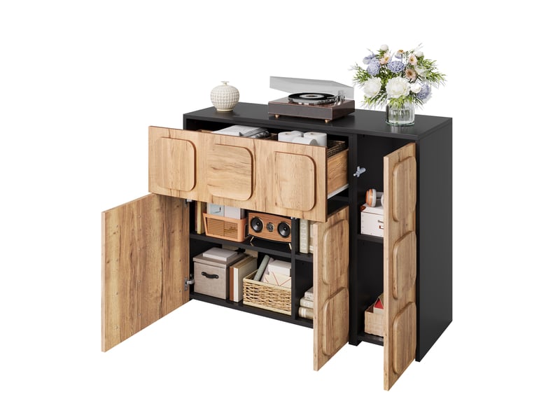  Buffet modulable 107,5-158,5 cm, bois d’ingénierie, push-to-open, naturel  - Conforama A
