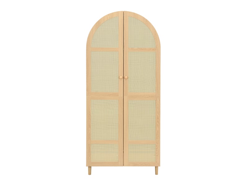  Armoire penderie grand volume 80x50x179 cm portes courbées rotin tringle tiroir pieds bois mdf pb naturel  - Conforama A