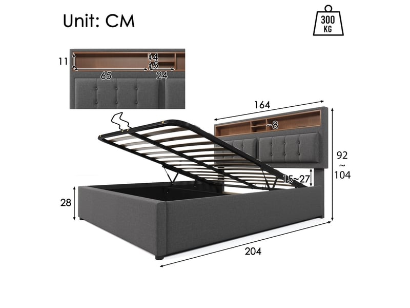  Lit coffre 160x200 cm en lin avec usb c, tête de lit, rangement, sommier et matelas inclus  - Conforama C