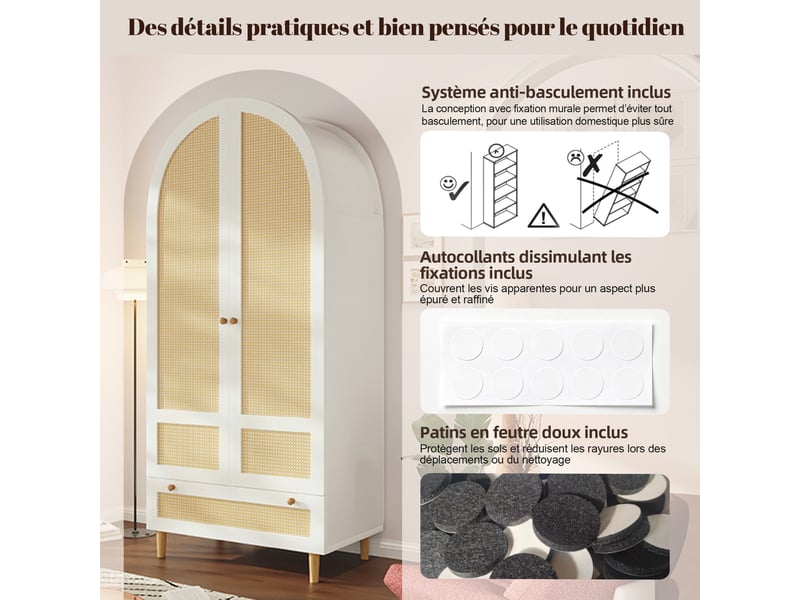 Armoire blanche effet rotin, penderie, 2 portes et 1 tiroir, 80 x 50 x 180 cm - Conforama D
