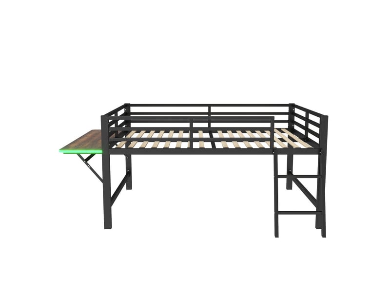  Lit plat, 140 x 200 cm, lit en métal, sans matelas, barrière de sécurité, échelle, bureau, bande lumineuse led, noir  - Conforama D