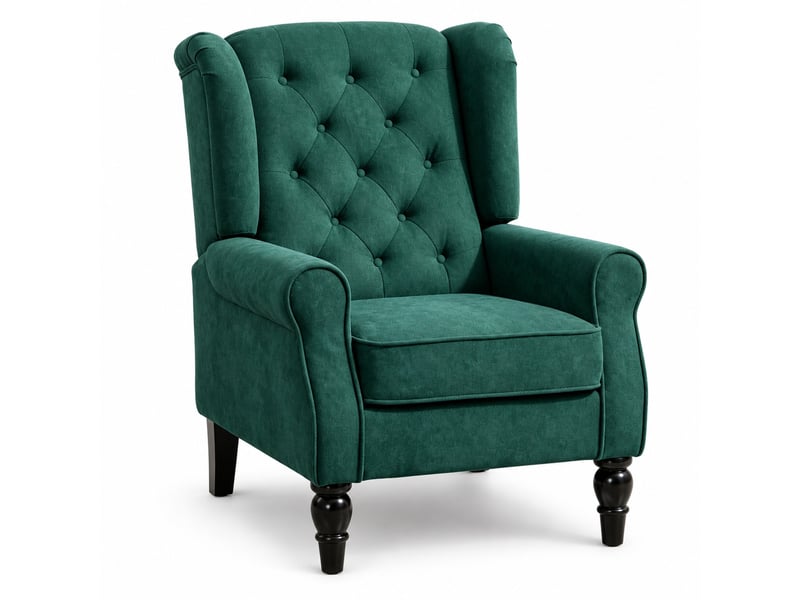 Fauteuil à oreilles capitonné avec assise rembourrée et dossier haut, pieds en bois, tissu vert foncé - Conforama A