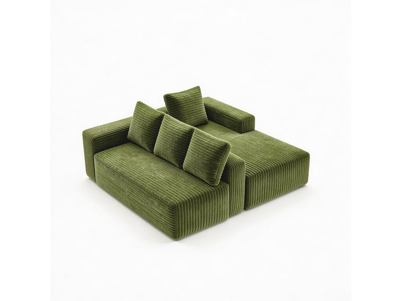  Canapé d’angle modulable vert 4 places en velours côtelé, méridienne gauche, assise profonde et design moderne pour salon  - Conforama R