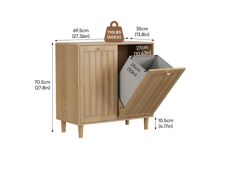  Meuble de rangement à linge avec 2 paniers amovibles et 2 compartiments, en mdf, pour salle de bain, chêne  - Conforama D