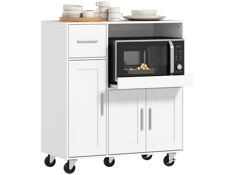 Chariot de cuisine à roulettes, meuble micro-ondes, compartiment coulissant, tiroir, meuble 3 portes, 80 x 40 x 88,7 cm, blanc - Conforama A