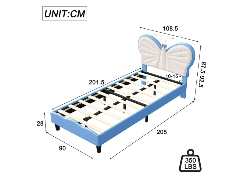  Lit simple 90x200 cm avec lampes led, lit enfant capitonné avec tête de lits réglable en forme de papillon et lattes en velours, sans matelas, bleu  - Conforama C