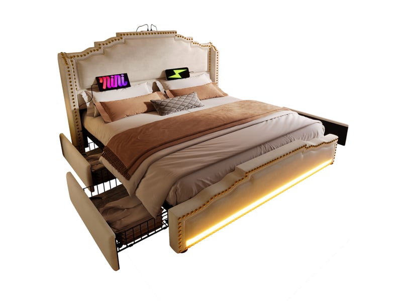 Lit double 160 x 200 cm avec 4 tiroirs, led, usb-c et matelas - beige  - Conforama A