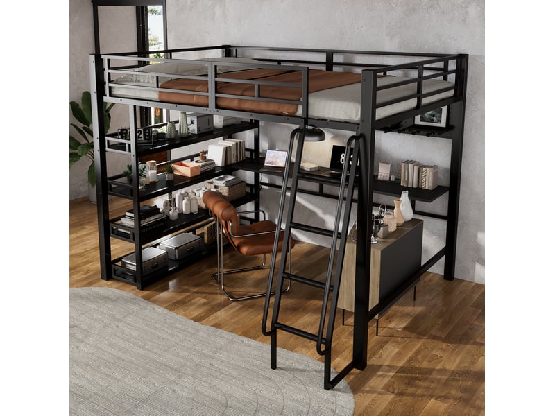 Modenvie lit mezzanine 140x200 cm - avec étagères, rangement et port de charge, sans matelas - noir - Conforama E