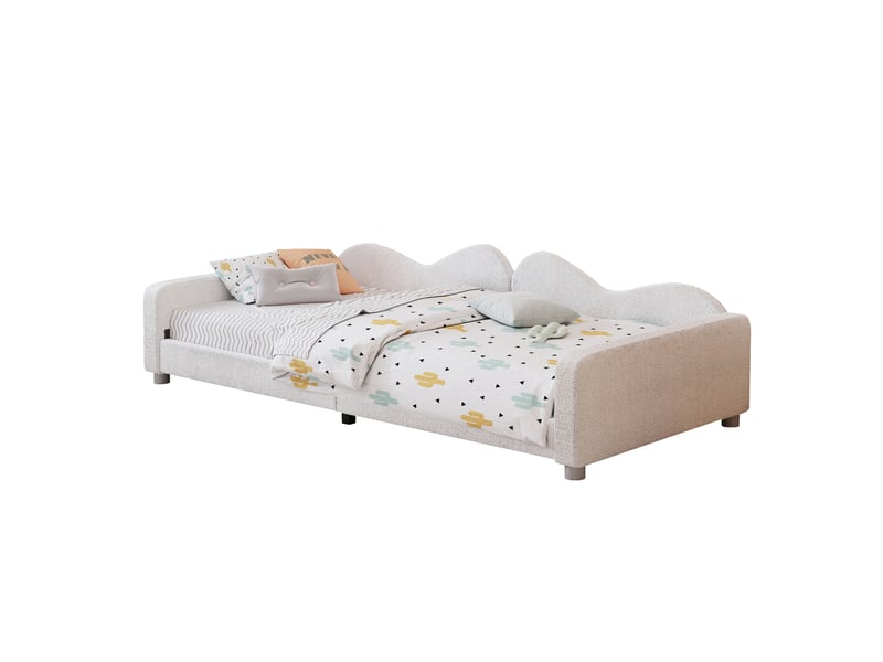  Lit enfant 90 × 200 cm 1 place avec dossier et accoudoirs, sans matelas, en tissu peluche, blanc  - Conforama A
