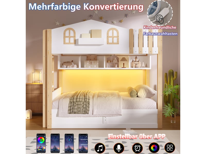  Lit superposé enfant, 90 × 200 cm, blanc et naturel, panneau particulesmdf, structure cabane, coffre hydraulique, sans matelas  - Conforama D
