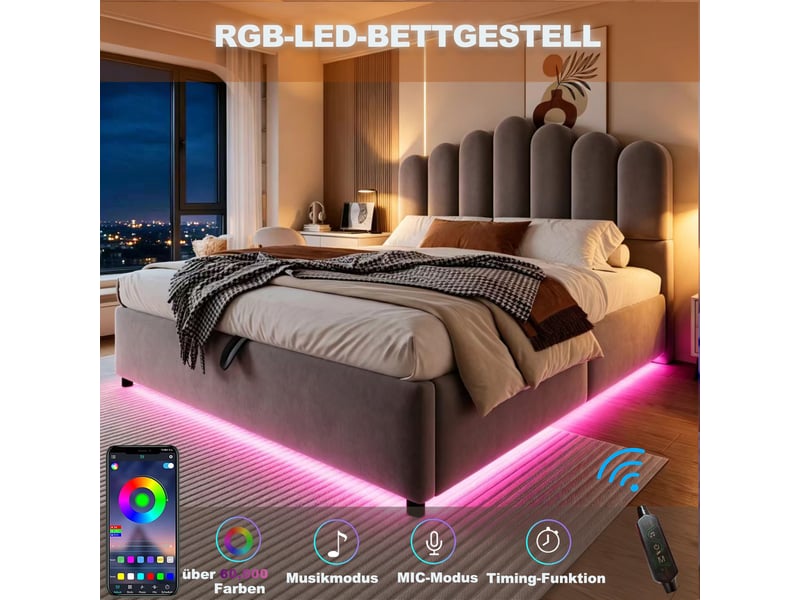  Lit coffre 140 × 200 cm, rangement hydraulique, tête capitonnée, led multicolore, sommier à lattes, velours gris  - Conforama E