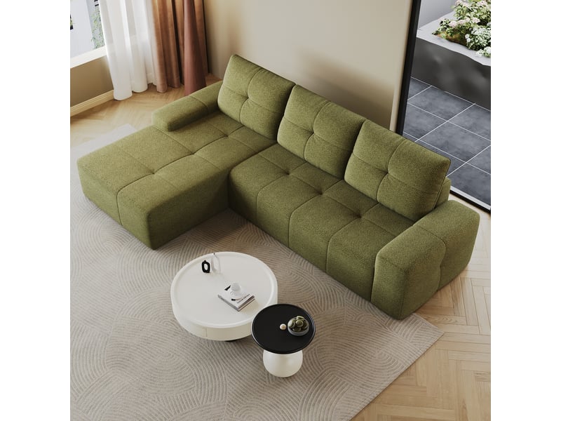 Canapé d'angle 262 cm en l avec méridienne à gauche, canapé nuage en mousse compressée sous vide, design confortable pour salon, vert olive Seren Glow - Conforama E