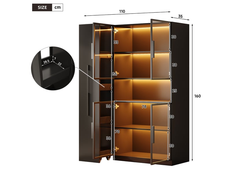  Vitrine led en verre 110x35x160 cm vitrine armoire à 5 portes buffet haut avec éclairage led porte coulissantes rangement - noir  - Conforama E