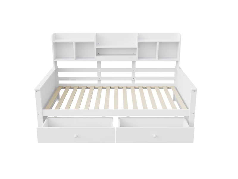  Lit banquette 90x200 en bois massif, lit enfant avec tiroirs et étagères de rangement, canapé-lit multifonction avec sommier inclus, blanc.  - Conforama A