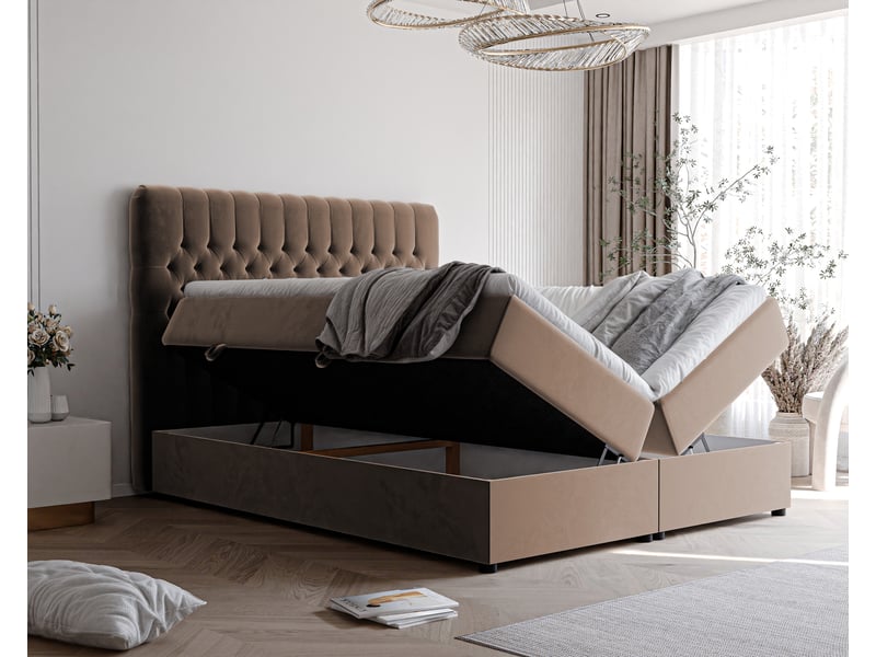  Lit adulte alba - 160x200 cm - matelas ressorts + surmatelas - coffre de rangement - velours dense hydrofuge marron clair ALBA - Conforama C
