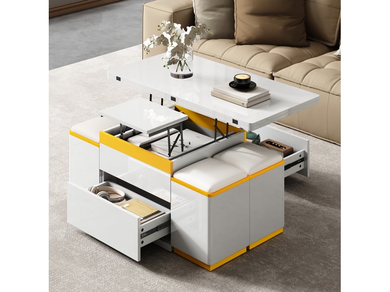  Table basse relevable pliante 100x50x43 cm, transformable en table repas, 4 tabourets, mdf particules, blanc et jaune  - Conforama E