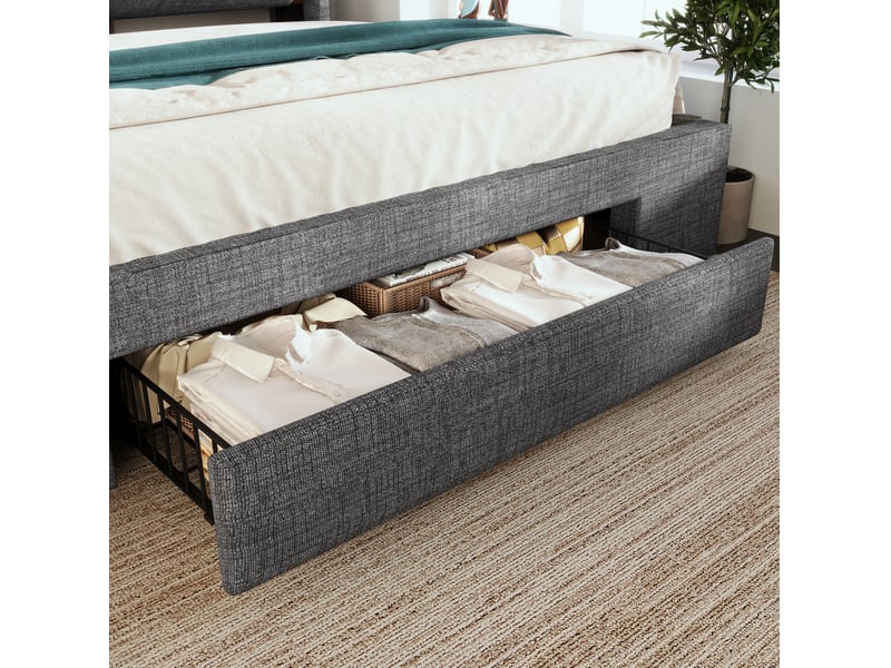 Lit coffre 160x200 cm avec tête de lit à rangements, éclairage led et ports usb et usb-c, bois et métal, gris avec matelas  - Conforama D