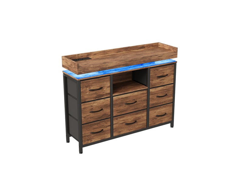 Commode 8 tiroirs avec led et prises - 108 x 30 x 82 cm-marron rustique - meuble de rangement avec station de charge et étagère - Conforama A