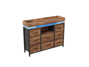 Commode 8 tiroirs avec led et prises - 108 x 30 x 82 cm-marron rustique - meuble de rangement avec station de charge et étagère