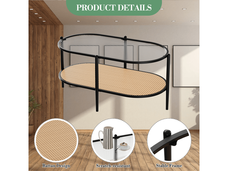  Table basse ovale en rotin - plateau en verre trempé ondulé - 2 niveaux avec étagère - cadre métal renforcé - 95 x 50 x 46 cm ,noir PHK_346K4GDV - Conforama E