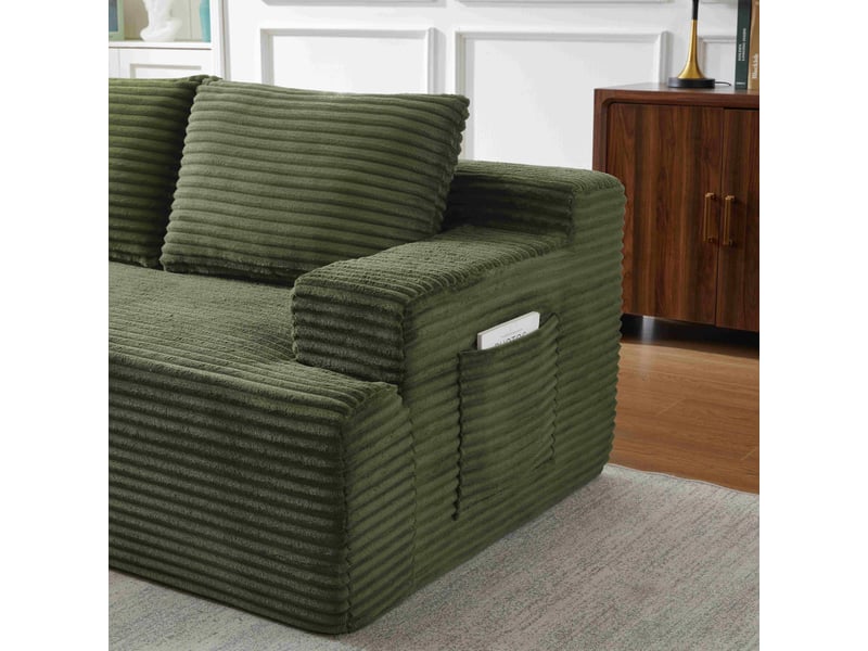 Canapé d’angle 4 places vert en velours côtelé, style nuage avec méridienne droite, modulable et convertible - Conforama E