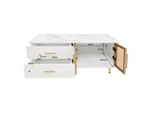 Table basse blanche et dorée effet marbre avec bandeau led multicolore, 100 x 50 x 40 cm