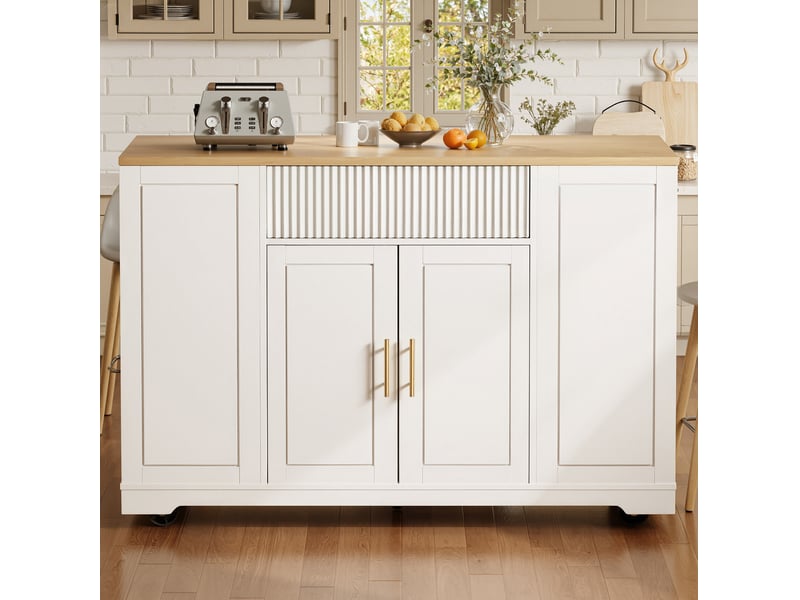 Îlot de cuisine 120x50x92 cm avec roulettes, compartiment pour bac à déchets, 2 portes et 3 tiroirs mdf métal blanc - Conforama E