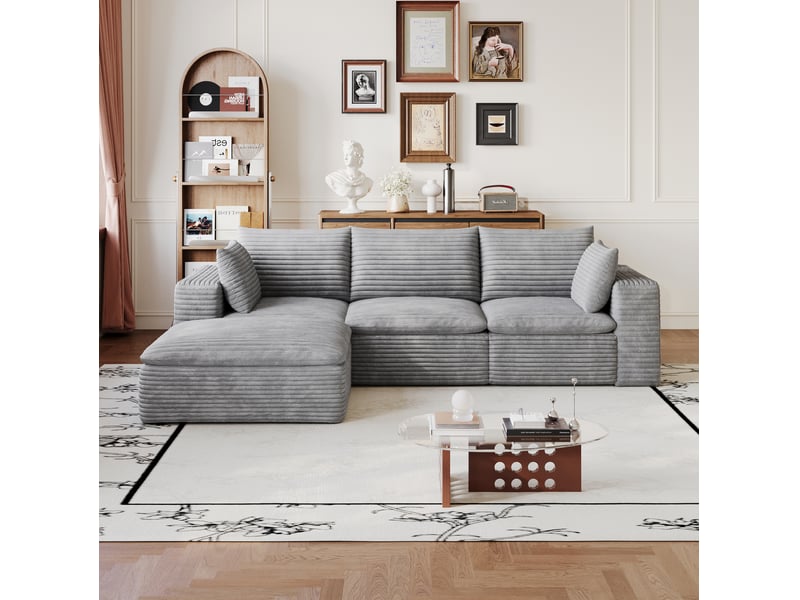 Canapé modulaire 4 places avec méridienne, coussins amovibles et assise en mousse, velours côtelé gris foncé - Conforama D