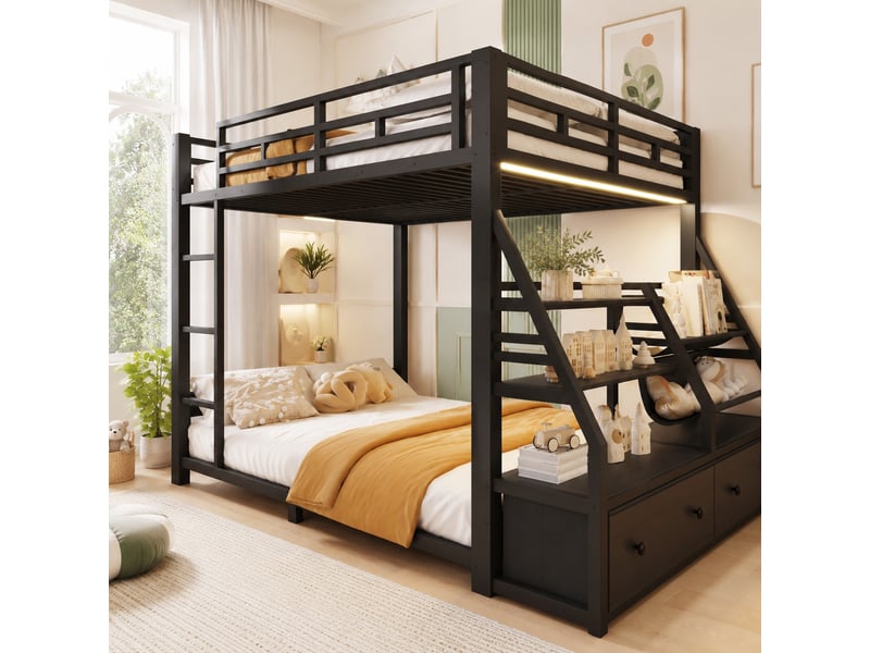  Lit superposé en métal 140x200 cm, éclairage led, 2 tiroirs en tissu, escalier, garde-corps, rangement ouvert, noir BrimViber - Conforama D