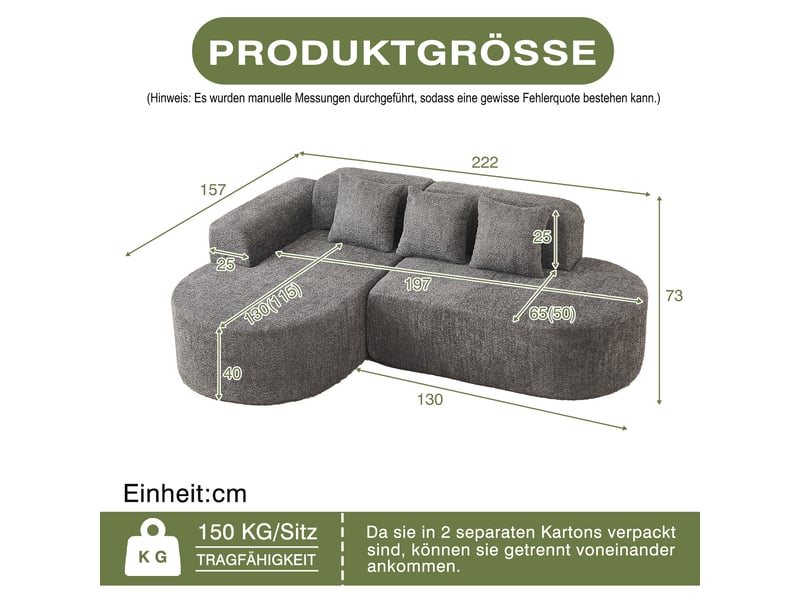 Canapé d’angle en l 3 places 222x157x73 cm avec méridienne gauche, formes arrondies style wabi-sabi, 3 coussins dossier, chenille gris anthracite - Conforama D