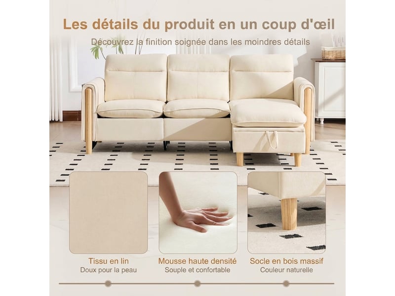  Canapé d'angle 3 places en chenille beige - méridienne réversible, rangement intégré, style scandinave  - Conforama R