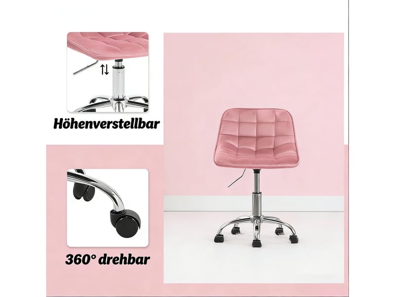  Tabouret de bureau rose en velours, réglable et pivotant à 360°, avec roulettes pour votre espace de travail  - Conforama D