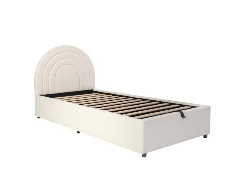  Lit coffre enfant 90x200 cm en tissu bouclé beige avec tête de lit rembourrée  - Conforama E