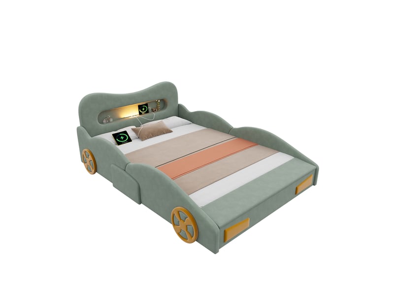  Lit enfant 140 x 200 cm, lit voiture vert en flanelle, lit capitonné avec lumière de lecture, port de charge, coffre au pied et design roues  - Conforama A