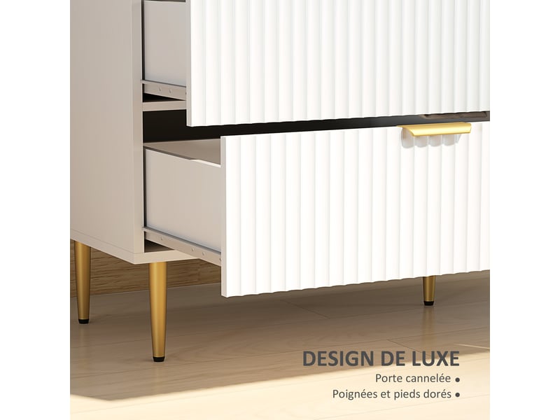 Commode 6 tiroirs commode chambre meuble de rangement moderne avec poignées et pieds dorés, blanc, 120 x 40 x 76,5 cm - Conforama E