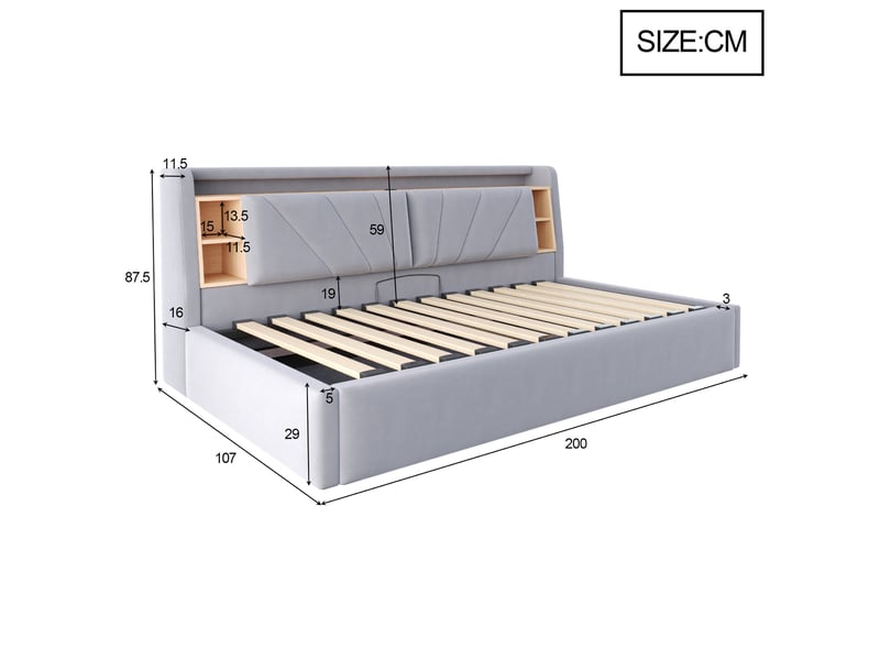  Lit simple 90x200 cm avec rangement hydraulique, tête de lit led avec usb et étagères, lit rembourré en velours avec coffre de rangement - gris clair  - Conforama C