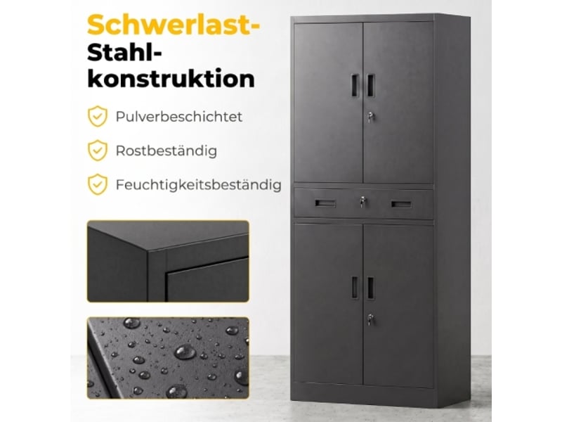  Armoire métallique 180 cm avec portes verrouillables, tiroir et étagères réglables, meuble de rangement noir pour atelier  - Conforama E