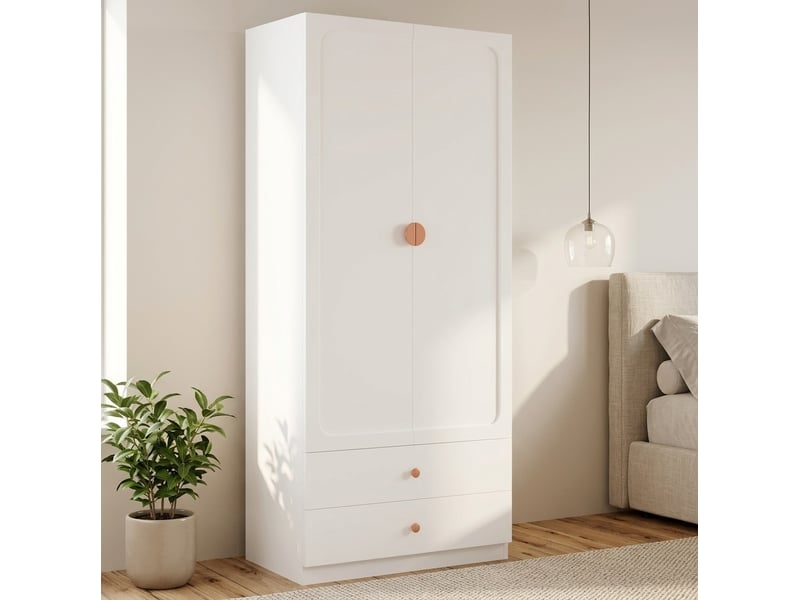  Armoire penderie 2 portes 90 x 45 x 200 cm blanche mdf et acier, 2 tiroirs, tringle et rangement  - Conforama B