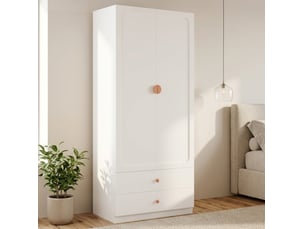 Armoire penderie 2 portes 90 x 45 x 200 cm blanche mdf et acier, 2 tiroirs, tringle et rangement
