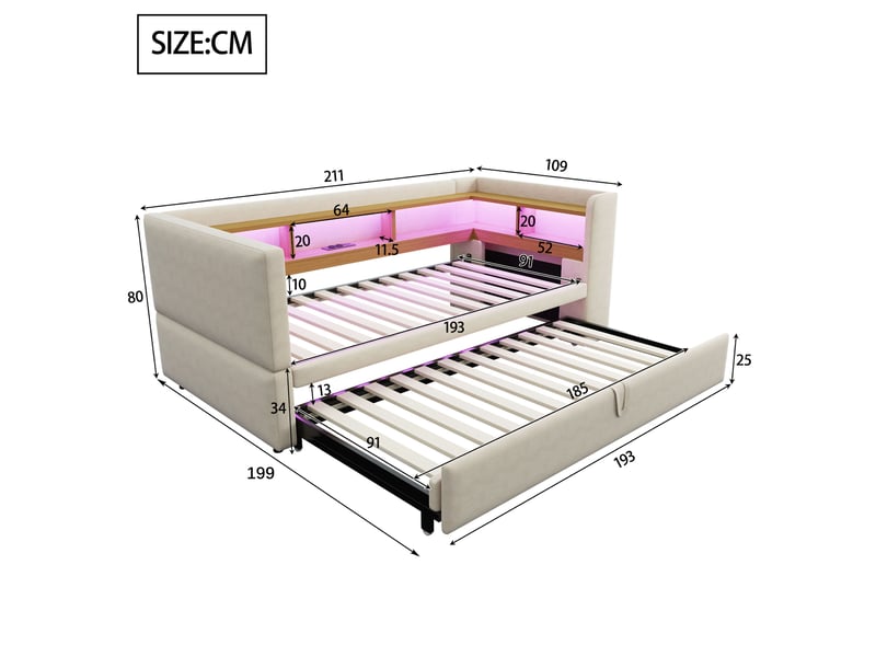  Lit gigogne enfant 90x190 cm, canapé-lit, rangement, prises, sommier, éclairage led, flanelle beige, sans matelas  - Conforama C